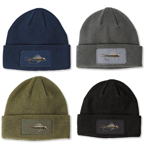 Winter Knit Nymph Trout Beanie Hat Cap Patch Fly Fishing Fisherman
