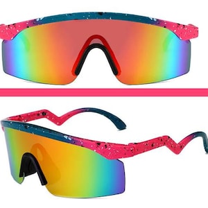 Vintage 80&#39;s Neon Paint Splat Zig Zag Mirror Sunglasses Music Fest Festival Summer Beach Ski UV 90&#39;s