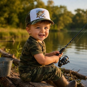 Puede incluir: Un niño sonriente con un atuendo de camuflaje y una gorra de camionero blanca y verde con un gráfico de pez. El niño sostiene una caña de pescar cerca de un lago, con un cubo de metal cerca. La gorra tiene una parte trasera de malla.
