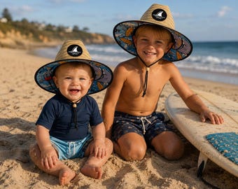 Matching Set Baby Infant and Toddler Custom Name Logo Patch Straw Lifeguard Hat Sun Beach Summer Vacation Shark