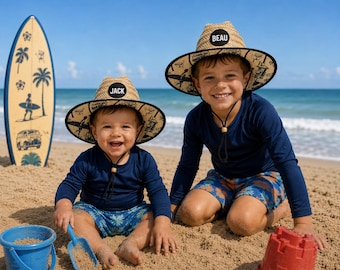 Matching Set Baby Infant and Toddler Custom Name Logo Patch Straw Lifeguard Hat Sun Beach Summer Vacation Kahuna Surf