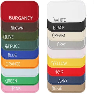 May include: A colour chart with 14 different fabric swatches. The swatches are labelled with the following colours: Burgundy, Brown, Olive, Spruce, Blue, Orange, Green, Pink, White, Black, Cream, Grey, Yellow, Red, Navy, and Beige.