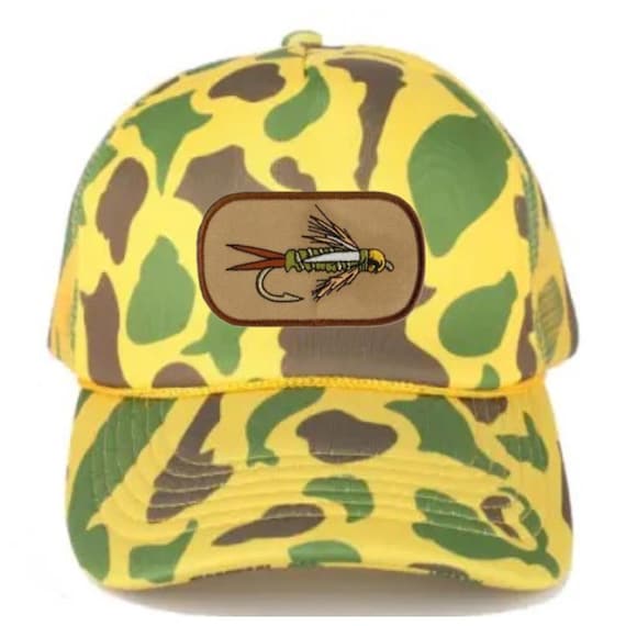 Cappello da pescatore con snapback mimetico giallo Nymph Fly Camo
