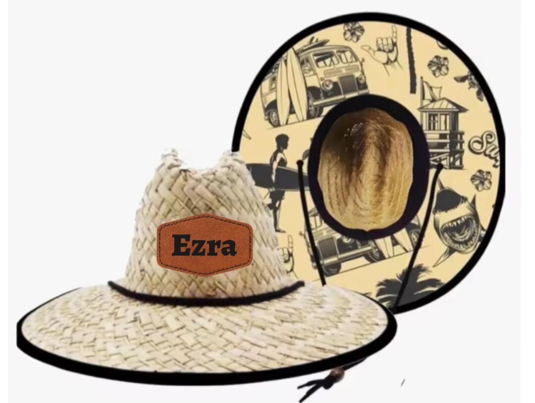 Baby Infant Custom Name Logo Leather Patch Straw Lifeguard Hat Sun