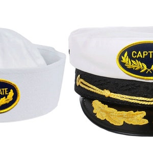 May include: Two white sailor hats with gold trim and embroidered patches. The larger hat says "Captain" and the smaller hat says "First Mate".
