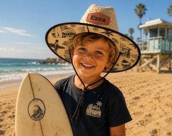 Sombrero de paja de socorrista con parche de cuero personalizado para niños pequeños, ideal para la playa, el verano y la pesca. 54 cm. Vacaciones para niños.