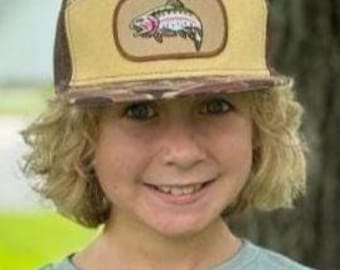 Kids 7 Panel Camo Trout Fishing  Hat Cap Boys Adjustable Snapback Youth Toddler Boys