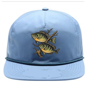 Könnte beinhalten: Hellblaue Baseballkappe mit einer Illustration von zwei Fischen auf einem Ast. Die Fische sind gelb und grün mit schwarzen Details. Die Kappe hat einen gebogenen Schirm und eine dunkelblaue Seildetail.