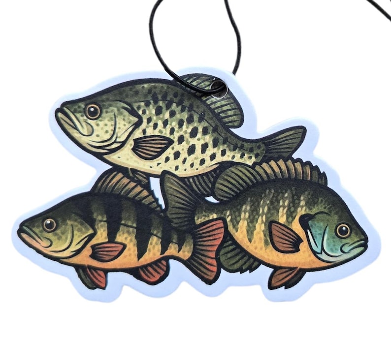 May include: An air freshener featuring a cluster of three fish illustrations. The fish are in shades of green, yellow, and black, with a light blue outline. A black string is attached for hanging. The fish are a crappie, a perch, and a bluegill.