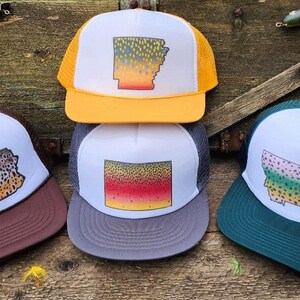 Your State Outline Trout Skin Snapback Trucker Hat Cap Mesh Home Fly Fishing Fish Rainbow BrownRope