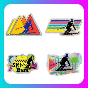 Holographic Retro Ski Skiing Sticker Snow Skier Prismatic Glitter Window Bumper Laptop