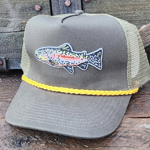 Rainbow Trout Patch Snapback  Trucker Hat Cap Mesh Fly Fishing Rope