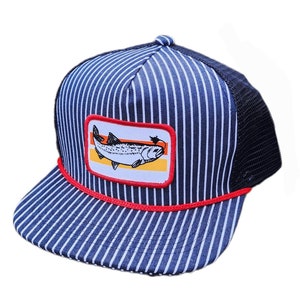 Trout Fly Fishing Hickory Striped  Snapback  Hat Cap Engineer Seersucker Workwear Rope