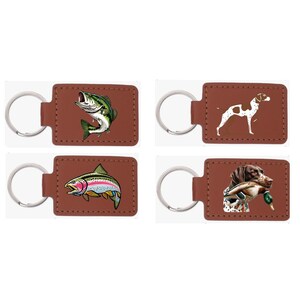 May include: Four brown leather keychains with metal rings. Each keychain features a different image: a bass fish, a rainbow trout, a German Shorthaired Pointer with a duck, and a German Shorthaired Pointer.