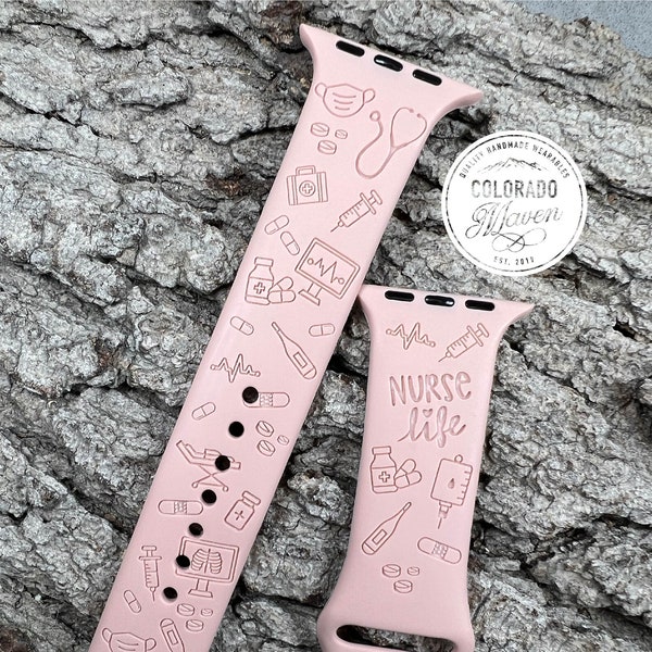 Nurse Life Silicone Band Laser Engraved, Apple Watch Compatible 38/40/41mm, 42/44/45mm, Series 1,2,3,4,5,6,7,8,9,SE,SE2