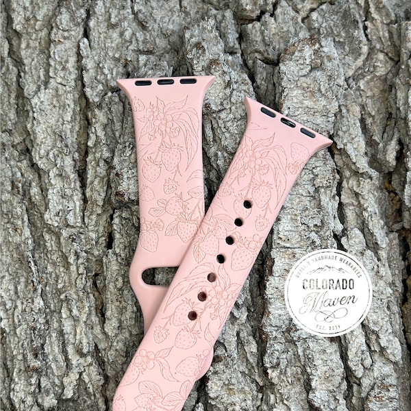 Wild Strawberry Watch Band Silicone Laser Engraved, Apple Watch Compatible 38/40/41mm, 42/44/45mm, Series 1,2,3,4,5,6,7,8,9,SE,SE2