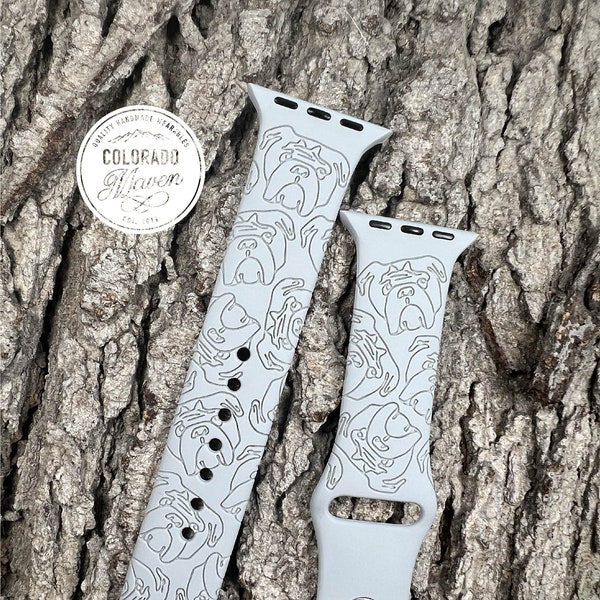 English Bulldog Watch Band Silicone Laser Engraved, Apple Watch Compatible 38/40/41mm, 42/44/45mm, Series 1,2,3,4,5,6,7,8,9,SE,SE2