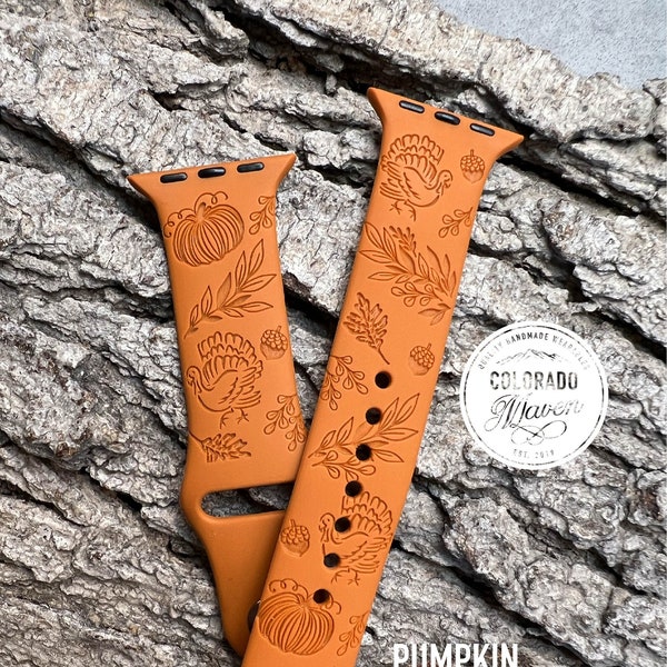 Thanksgiving Fall Design Silicone Band Laser Engraved, Apple Watch Compatible 38/40/41mm, 42/44/45mm, Series 1,2,3,4,5,6,7,8,9,SE,SE2