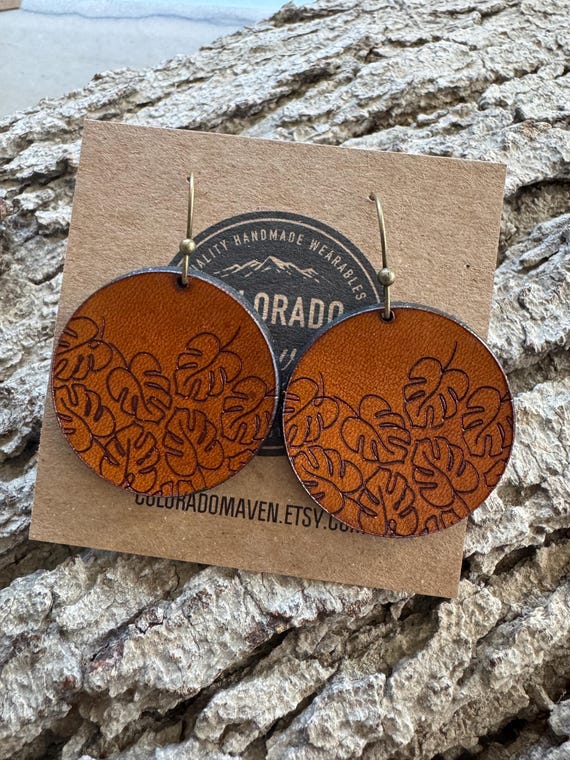 Monstera Dreams 1" Round Handmade Leather Dangle Earrings