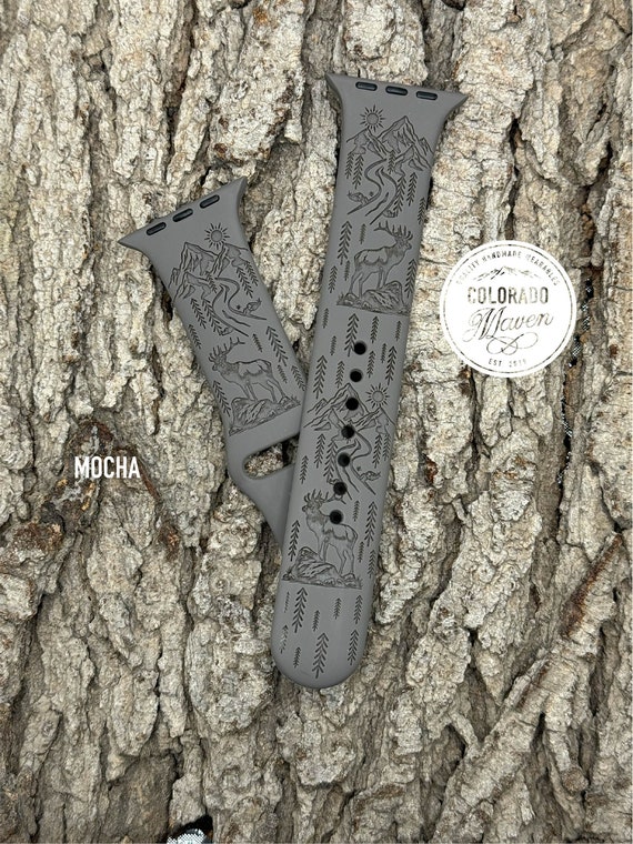 Elk Mountain Watch Band Silicone Laser Engraved, Apple Watch Compatible 38/40/41mm, 42/44/45mm, Series 1,2,3,4,5,6,7,8,9,SE,SE2