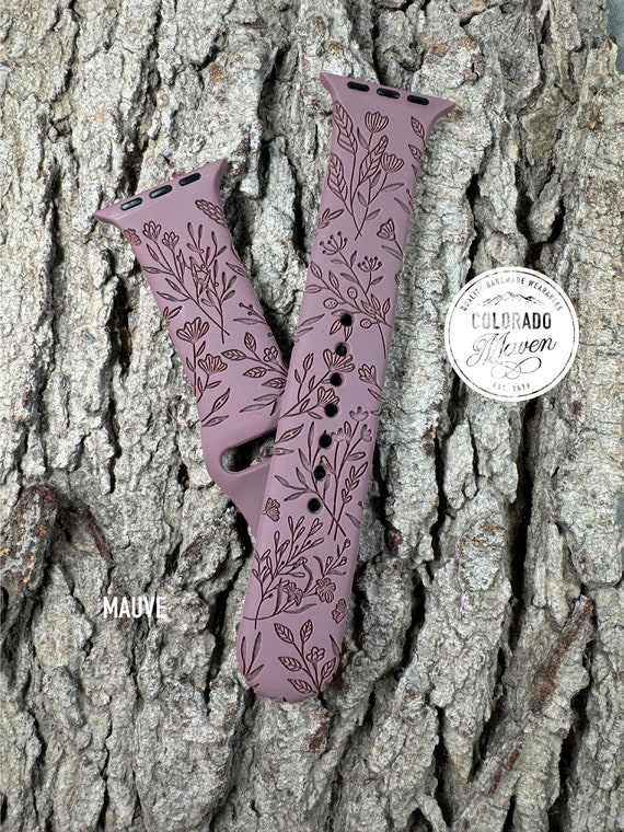 Wildflower Floral Silicone Band Laser Engraved, Apple Watch Compatible 38/40/41mm, 42/44/45mm, Series 1,2,3,4,5,6,7,8,9,SE,SE2