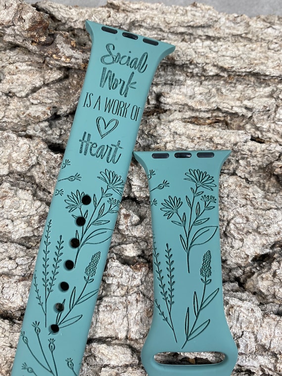 Social Work is a Work of Heart Silicone Band Laser Engraved, Apple Watch Compatible 38/40/41mm, 42/44/45mm, Series 1,2,3,4,5,6,7,8,9,SE,SE2