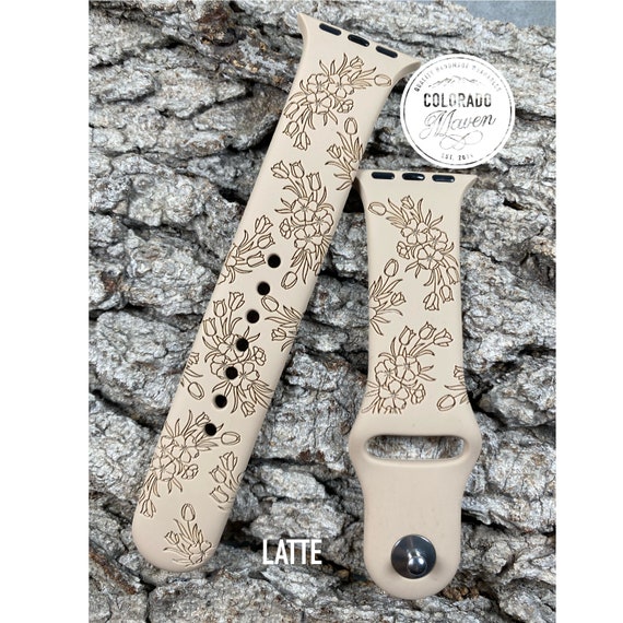 Spring Floral Tulip Silicone Band Laser Engraved, Apple Watch Compatible 38/40/41mm, 42/44/45mm, Series 1,2,3,4,5,6,7,8,9,SE,SE2