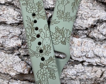 Succulent Floral Design Silicone Watch Band Laser Engraved, Apple Watch Compatible Series 1-11, SE 1-3 & Ultra 1-3