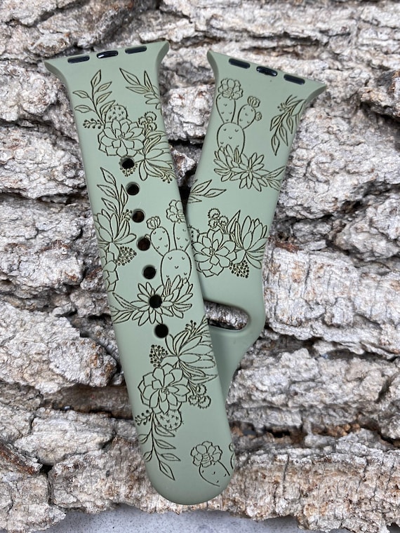 Succulent Floral Design Silicone Watch Band Laser Engraved, Apple Watch Compatible Series 1-11, SE 1-3 & Ultra 1-3