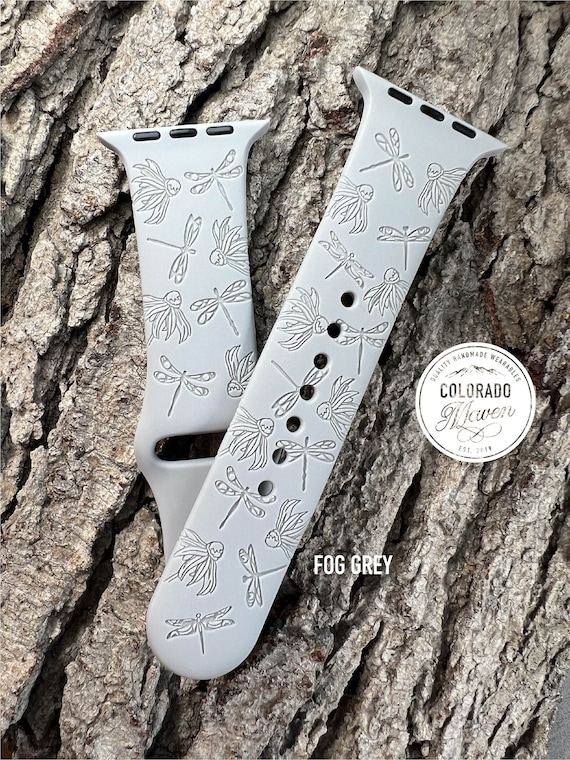 Dragonfly Floral Silicone Band Laser Engraved, Apple Watch Compatible 38/40/41mm, 42/44/45mm, Series 1,2,3,4,5,6,7,8,9,SE,SE2