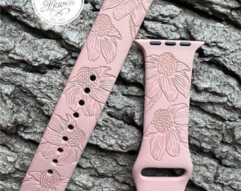 Cone Flower Daisy Silicone Watch Band Laser Engraved, Apple Watch Compatible Series 1-11, SE 1-3 & Ultra 1-3