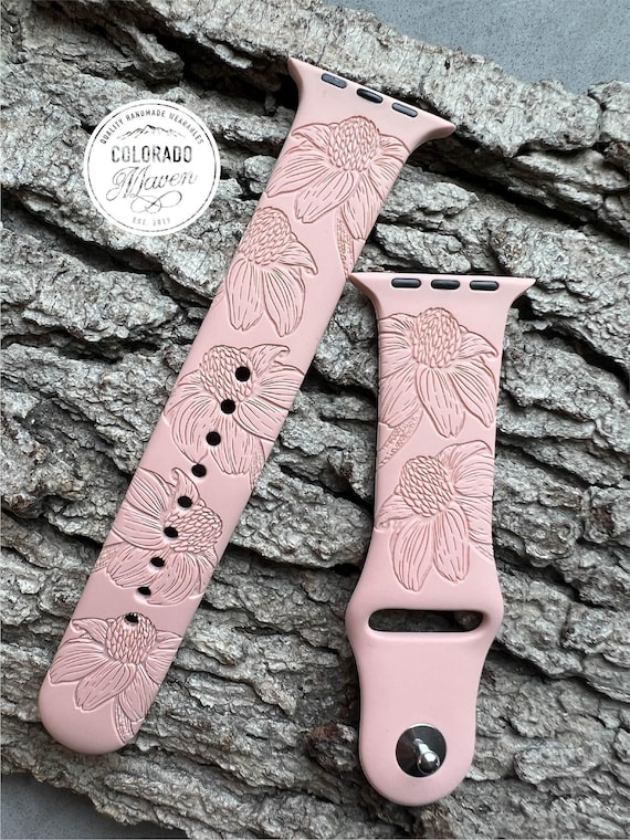 Cone Flower Daisy Silicone Watch Band Laser Engraved, Apple Watch Compatible Series 1-11, SE 1-3 & Ultra 1-3