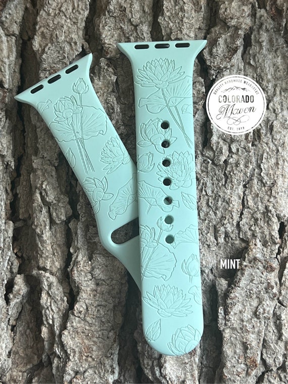 Lotus Flower Lily Pad Silicone Watch Band Laser Engraved, Apple Watch Compatible 38/40/41mm, 42/44/45mm, Series 1,2,3,4,5,6,7,8,9,SE,SE2