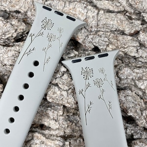 Bracelet de montre en silicone motif pissenlit gravé au laser, compatible Apple Watch séries 1-11, SE 1-3 et Ultra 1-3
