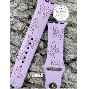 Butterfly Print Silicone Band Laser Engraved, Apple Watch Compatible 38/40/41mm, 42/44/45mm, Series 1,2,3,4,5,6,7,8,9,SE,SE2