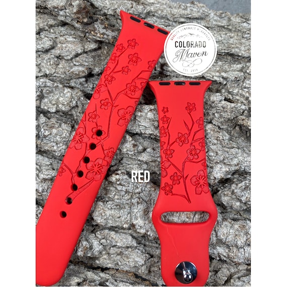 Cherry Blossom Silicone Band Laser Engraved, Apple Watch Compatible 38/40/41mm, 42/44/45mm, Series 1,2,3,4,5,6,7,8,9,SE,SE2
