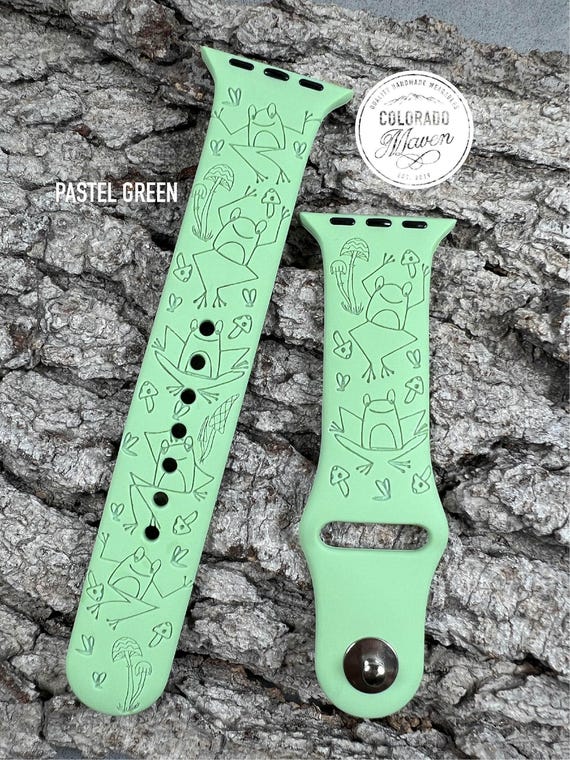 Frog, Frogs and Mushrooms Silicone Watch Band Laser Engraved, Apple Watch Compatible Series 1-11, SE 1-3 & Ultra 1-3