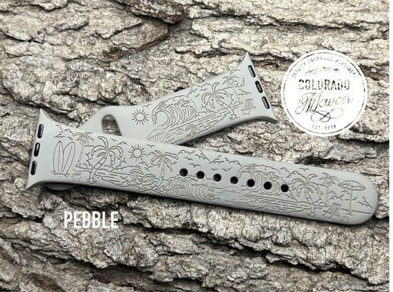 Beach Waves Palm Trees Silicone Watch Band Laser Engraved, Apple Watch Compatible Series 1-11, SE 1-3 & Ultra 1-3