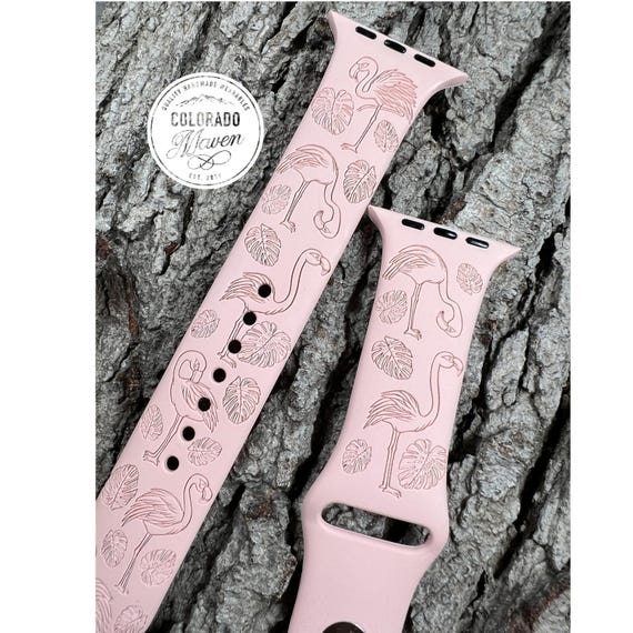 Flamingo, Tropical Flamingo Silicone Watch Band Laser Engraved, Apple Watch Compatible Series 1-11, SE 1-3 & Ultra 1-3