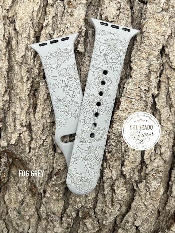 Highland Cow Floral Silicone Watch Band Laser Engraved, Apple Watch Compatible Series 1-11, SE 1-3 & Ultra 1-3