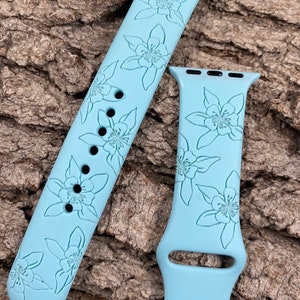 Colorado Columbine Flower Silicone Band Laser Engraved, Apple Watch Compatible 38/40/41mm, 42/44/45mm, Series 1,2,3,4,5,6,7,8,9,SE,SE2