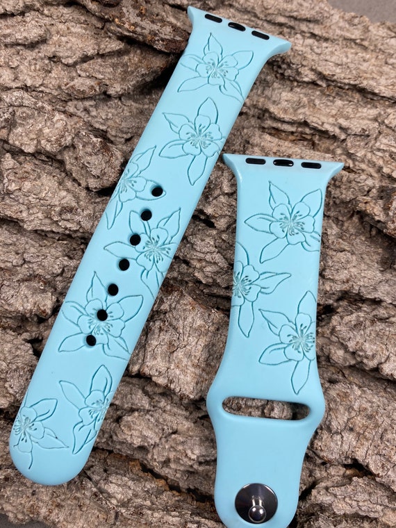 Colorado Columbine Flower Silicone Band Laser Engraved, Apple Watch Compatible 38/40/41mm, 42/44/45mm, Series 1,2,3,4,5,6,7,8,9,SE,SE2