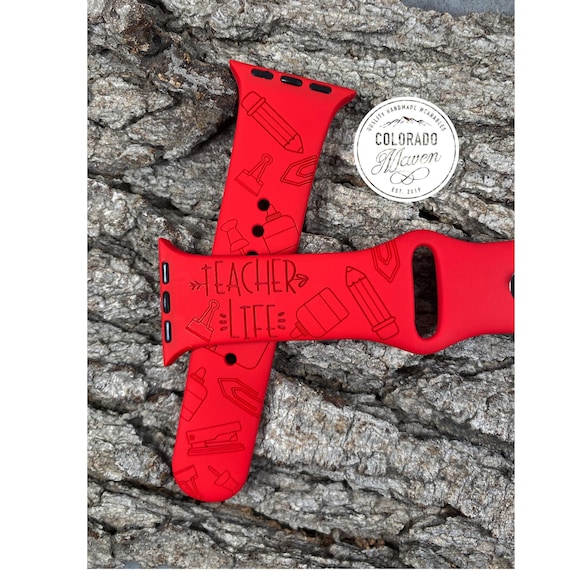 Teacher Life School Supplies Silicone Watch Band Laser Engraved, Apple Watch Compatible Series 1-11, SE 1-3 & Ultra 1-3