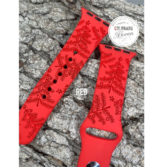 Christmas Tree Holiday Design Silicone Band Laser Engraved, Apple Watch Compatible 38/40/41mm, 42/44/45mm, Series 1,2,3,4,5,6,7,8,9,SE,SE2