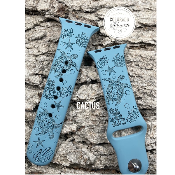 Sea Turtle Silicone Band Laser Engraved, Apple Watch Compatible 38/40/41mm, 42/44/45mm, Series 1,2,3,4,5,6,7,8,9,SE,SE2