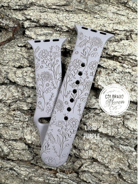 Mixed Wildflowers Silicone Band Laser Engraved, Apple Watch Compatible 38/40/41mm, 42/44/45mm, Series 1,2,3,4,5,6,7,8,9,SE,SE2