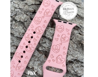 Valentine Candy Hearts Silicone Watch Band Laser Engraved, Apple Watch Compatible Series 1-11, SE 1-3 & Ultra 1-3