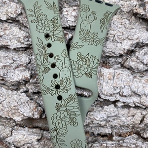 Succulent Floral Design Silicone Band Laser Engraved, Apple Watch Compatible 38/40/41mm, 42/44/45mm, Series 1,2,3,4,5,6,7,8,9,SE,SE2