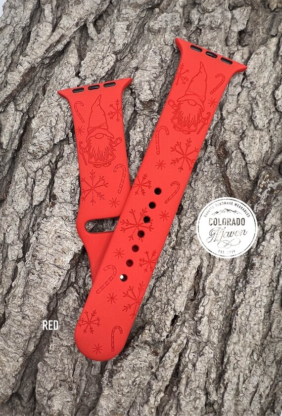 Gnome Candy Cane Snowflake Band Silicone Laser Engraved, Apple Watch Compatible 38/40/41mm, 42/44/45mm, Series 1,2,3,4,5,6,7,8,9,SE,SE2