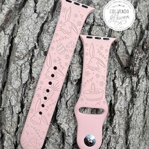 Easter Bunny Spring Silicone Watch Band Laser Engraved, Apple Watch Compatible Series 1-11, SE 1-3 & Ultra 1-3